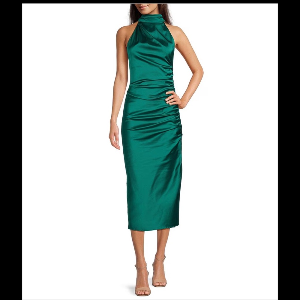 Badgley Mischka Green Ruched Halter Midi Dress. NWT